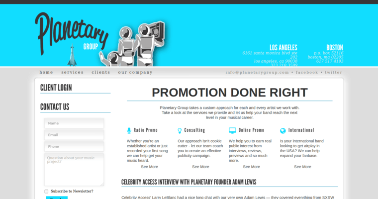 Home page of #1 Best Music Public Relations Firm: Planetary Group